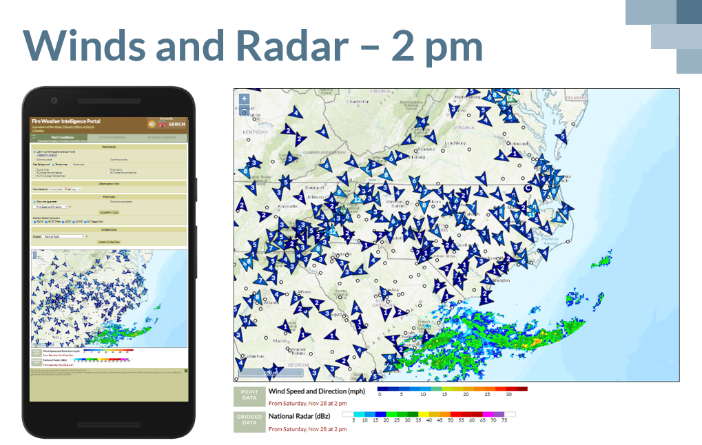 A slide from a webinar showing winds and radar imagery from the Fire Weather Intelligence Portal