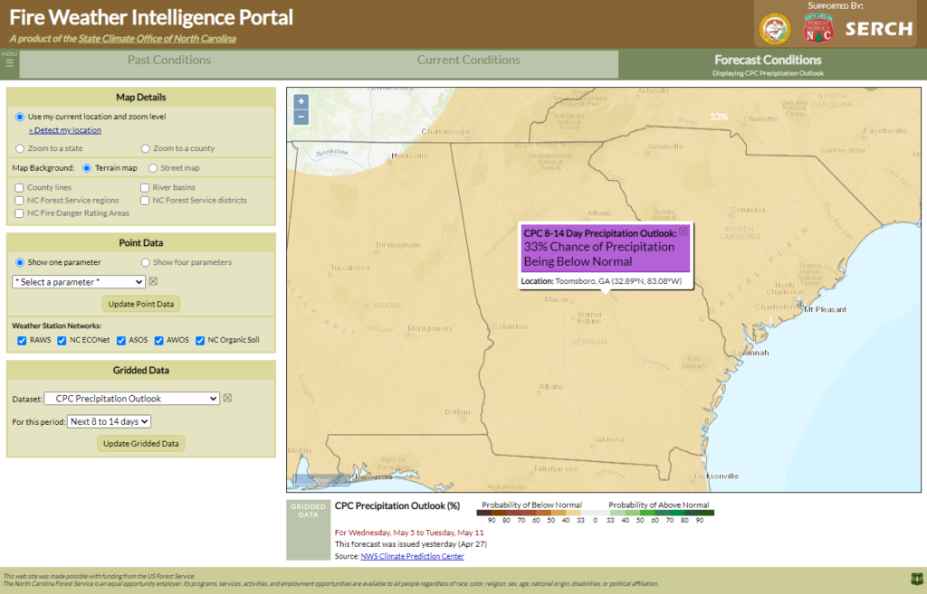 A screenshot of the Fire Weather Intelligence Portal showing the CPC Precipitation Outlook centered on Georgia, with the selected location showing an 8-14 day outlook of a 33 to 40% chance of below-normal precipitation
