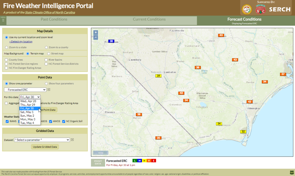 A screenshot of the Fire Weather Intelligence Portal showing a map of Forecasted ERC on Friday, April 30 in southeastern North Carolina