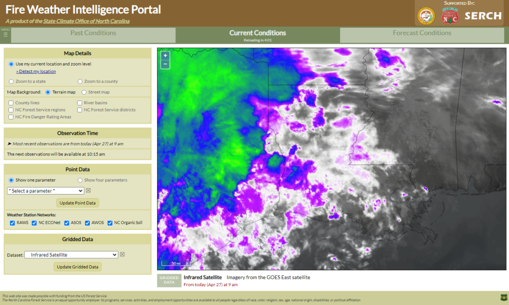 A screenshot of the Fire Weather Intelligence Portal showing infrared satellite imagery over Louisiana and surrounding areas