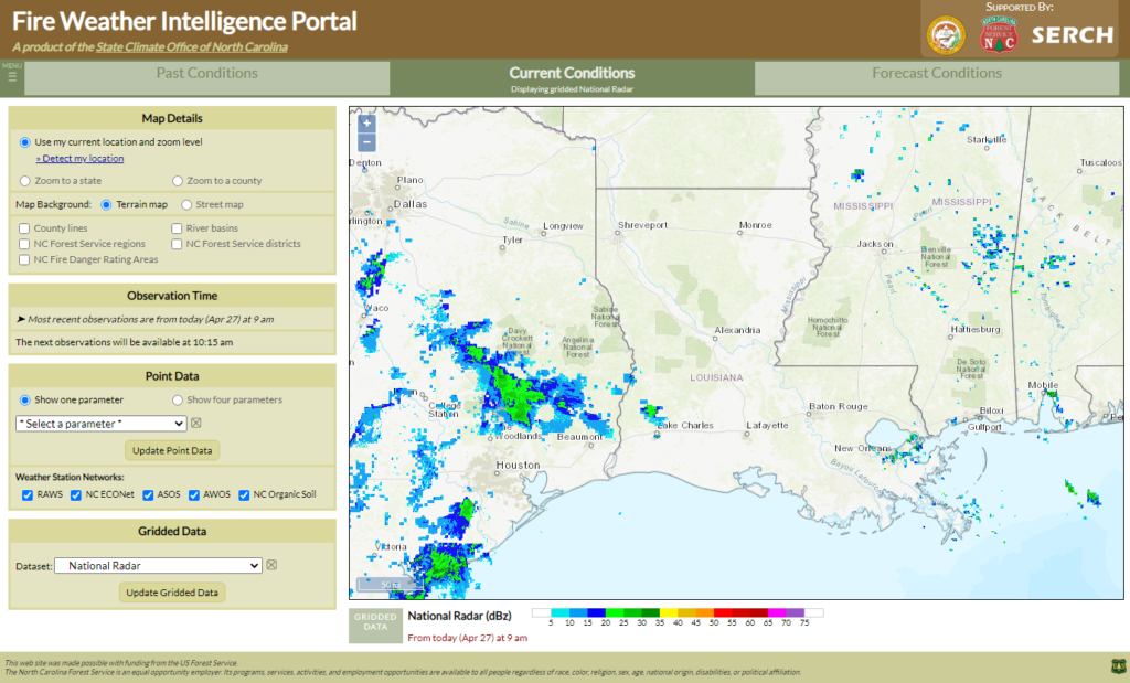 A screenshot of the Fire Weather Intelligence Portal showing radar imagery over Louisiana and surrounding areas
