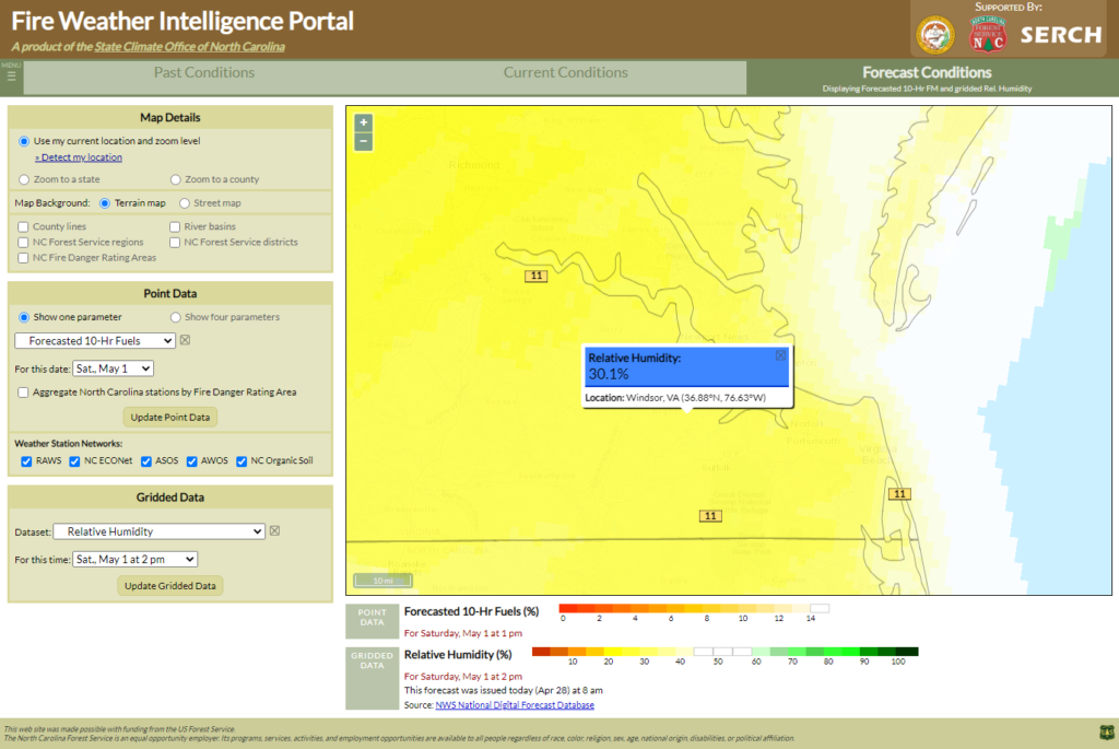 A screenshot of the Fire Weather Intelligence Portal showing point-based 10-hour fuel moisture content and gridded relative humidity data for southeastern Virginia
