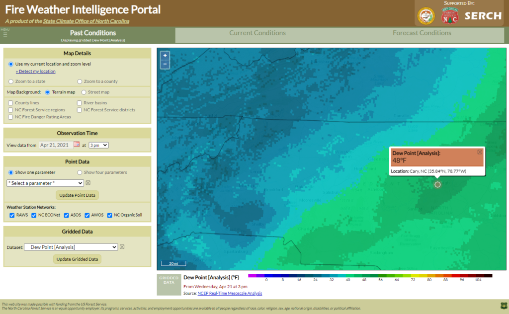 A screenshot of the Fire Weather Intelligence Portal showing a high-resolution dew point analysis across North Carolina, with a value of 48°F near Raleigh and values in the mid-20s in the Mountains