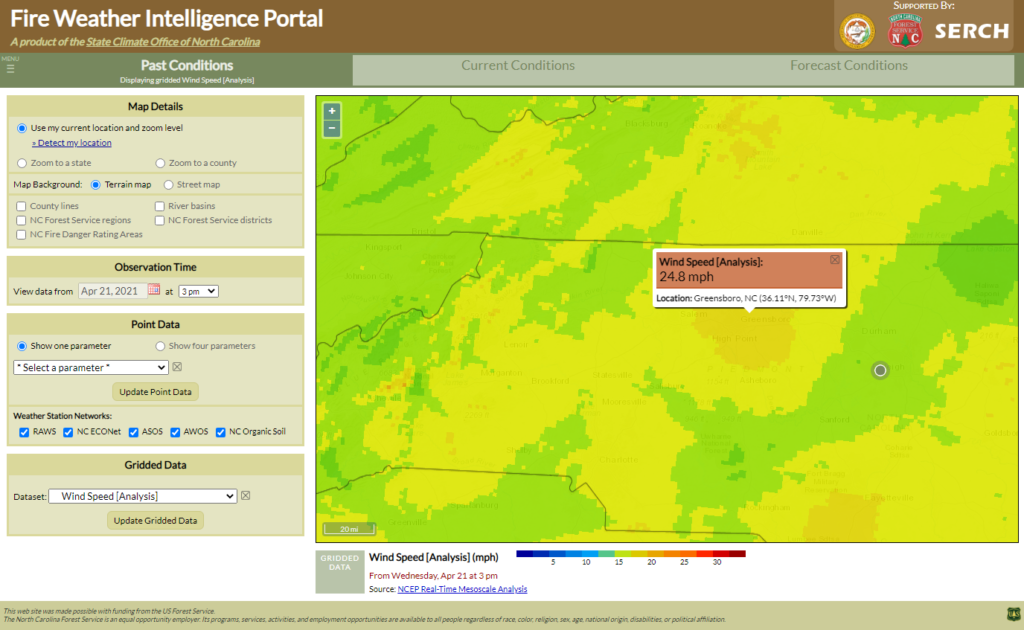 A screenshot of the Fire Weather Intelligence Portal showing a high-resolution wind speed analysis, with a value of 24.8 mph near Greensboro