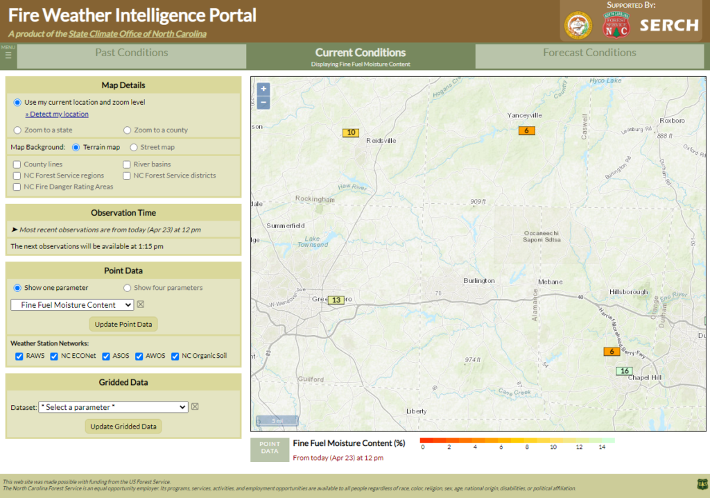 A screenshot of the Fire Weather Intelligence Portal showing Fine Fuel Moisture Content on the Current Conditions tab