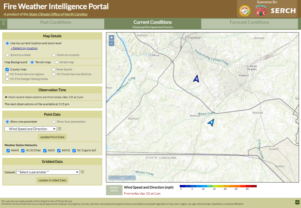 A screenshot of the Fire Weather Intelligence Portal showing wind speed and direction observations from weather stations in Richmond County, NC