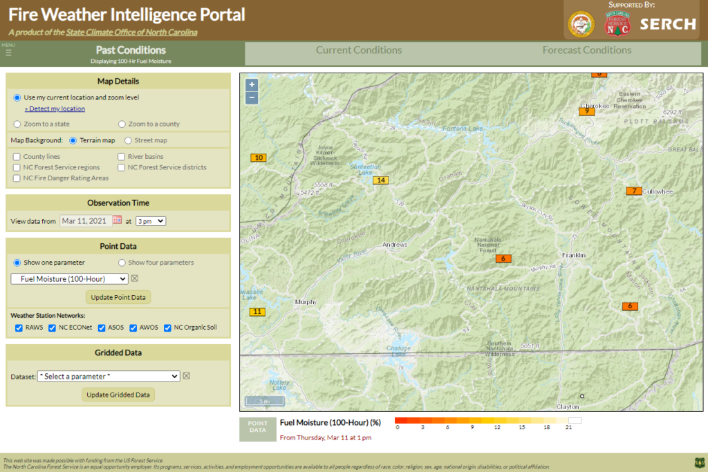A screenshot of the Fire Weather Intelligence Portal showing 100-hour fuel moisture content in western North Carolina