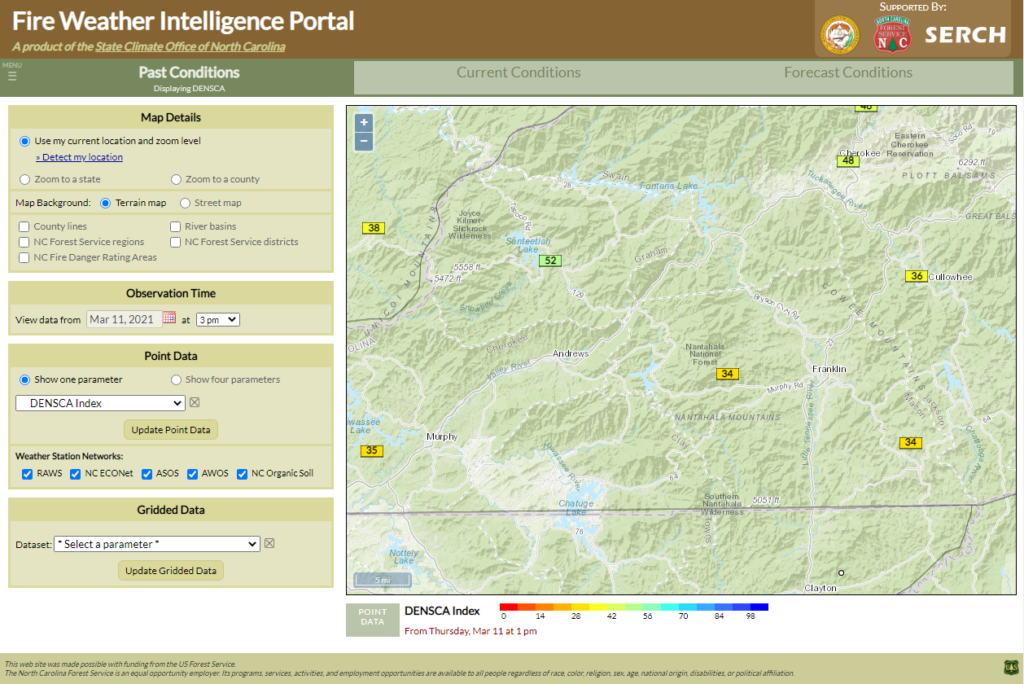 A screenshot of the Fire Weather Intelligence Portal showing the DENSCA Index in western North Carolina