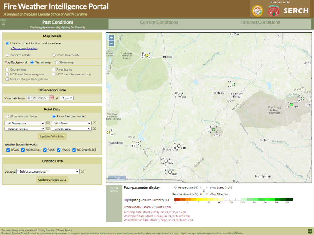 A screenshot of the Fire Weather Intelligence Portal showing four-parameter plots of air temperature, relative humidity, wind speed, and wind direction from the North Carolina Sandhills on January 24, 2016