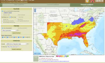 A screenshot of the Fire Weather Intelligence Portal showing Atmospheric Dispersion Index from the NBM across the Southeast US