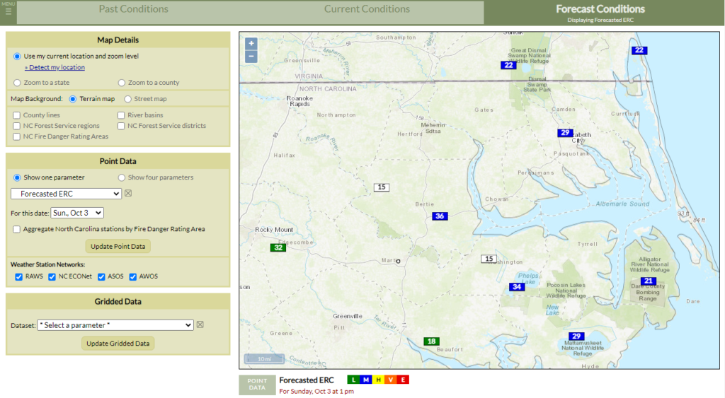 A screenshot of the Fire Weather Intelligence Portal showing forecasted Energy Release Component for northeastern North Carolina and southeastern Virginia