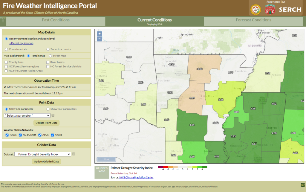 A screenshot of the Fire Weather Intelligence Portal showing Palmer Drought Severity Index for Arkansas climate divisions