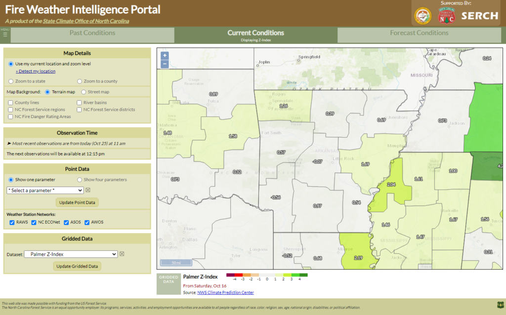A screenshot of the Fire Weather Intelligence Portal showing Palmer Z-Index for Arkansas climate divisions