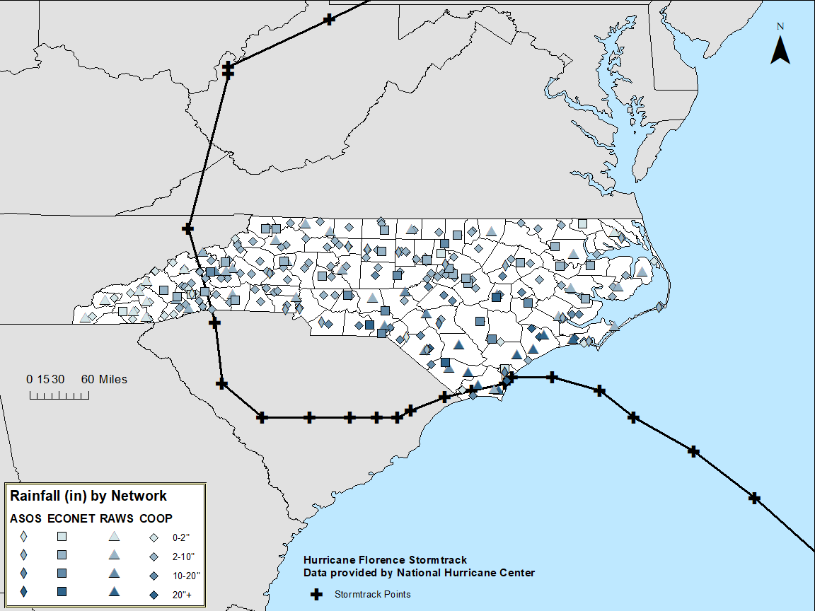 Florence Rainfall Totals Excluding CoCoRaHS Stations<br>Accumulated Rainfall, September 13-17, 2018