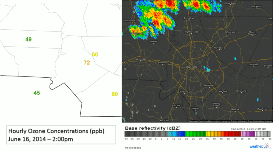 Animated gif showing rain moving through Charlotte, dropping ozone concentrations from upper Code Orange (84 ppb) to low Code Yellow (59 ppb) in one hour.