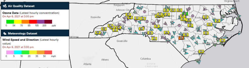 Ozone and wind data displayed in the Ambient Information Reporter tool.