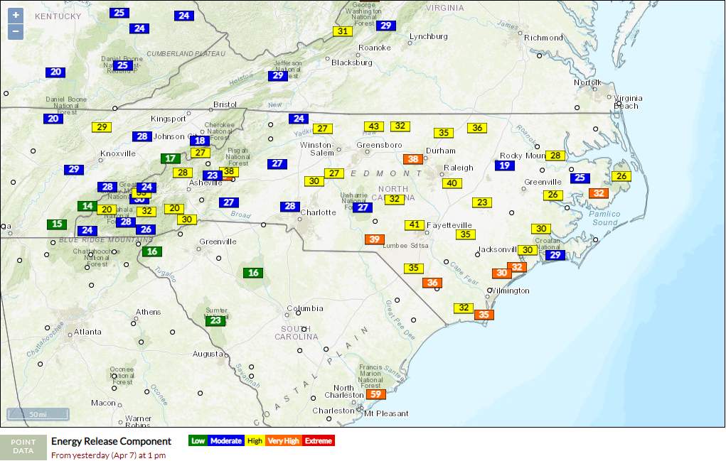 Estimates of Energy Release Component, one key fire danger indicator, displayed in the Fire Weather Intelligence Portal.