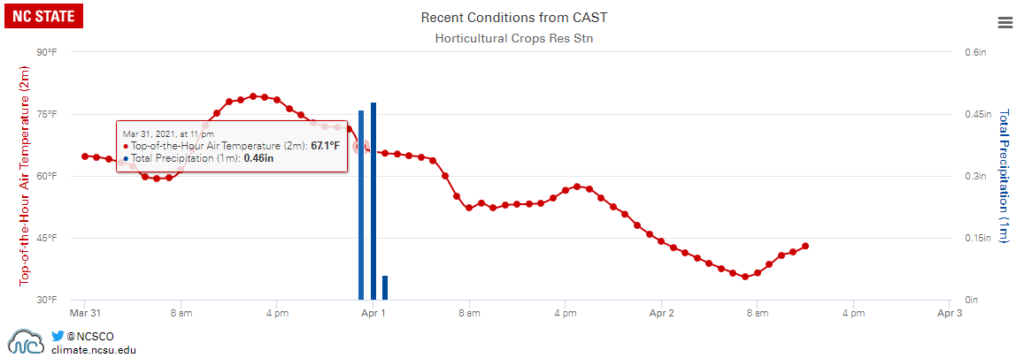 Hourly temperature and precipitation data from the Castle Hayne ECONet station, plotted on an interactive and exportable graph in Station Scout.