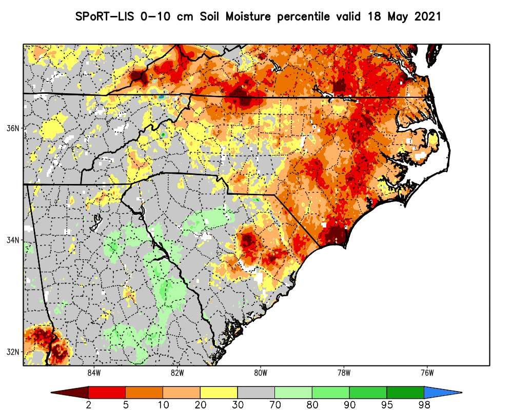 A map of 0-10 cm soil moisture percentiles from NASA SPoRT