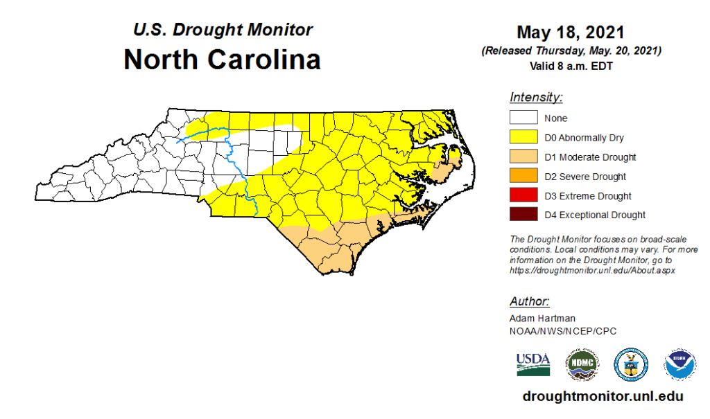 The US Drought Monitor map for North Carolina on May 18, 2021