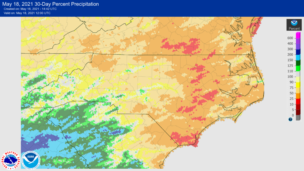 A map of 30-day percent of normal precipitation for North Carolina