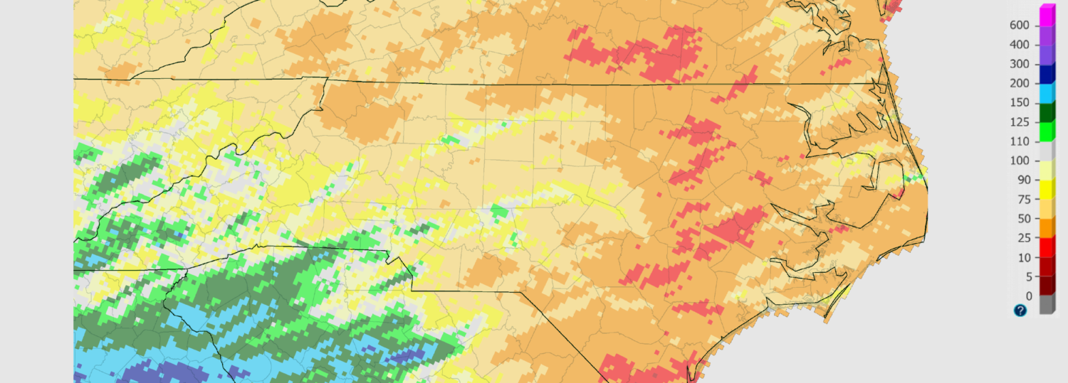 A map of 30-day percent of normal precipitation for North Carolina