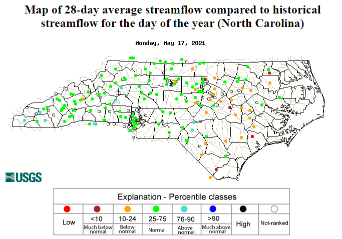 A map of 28-day average streamflows for North Carolina