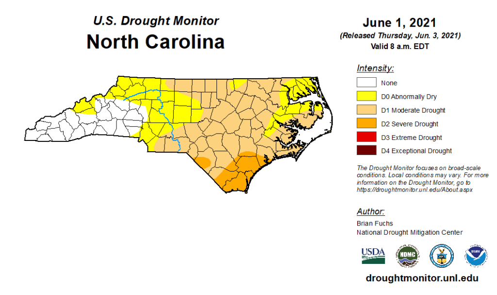 The US Drought Monitor map for North Carolina on June 1, 2021