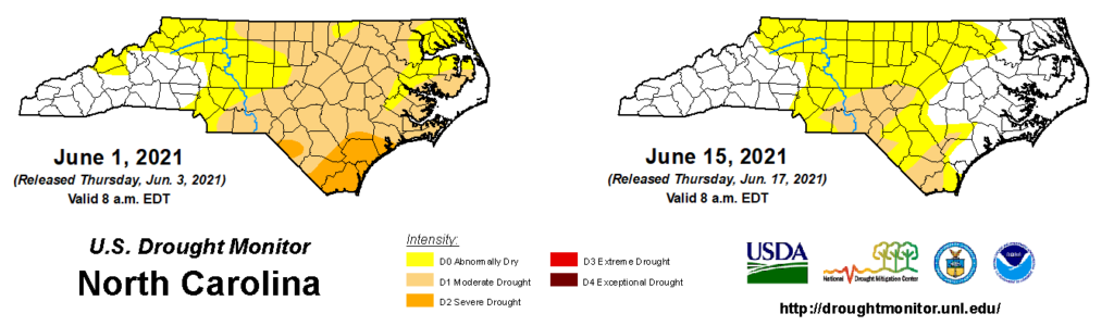 A comparison of drought maps from June 1 and June 15, 2021, in North Carolina