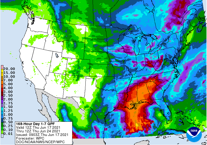 A map of forecasted 7-day precipitation totals in the United States.