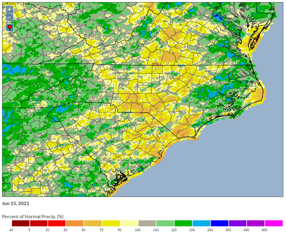 A map of 90-day percent of normal precipitation in the Carolinas.