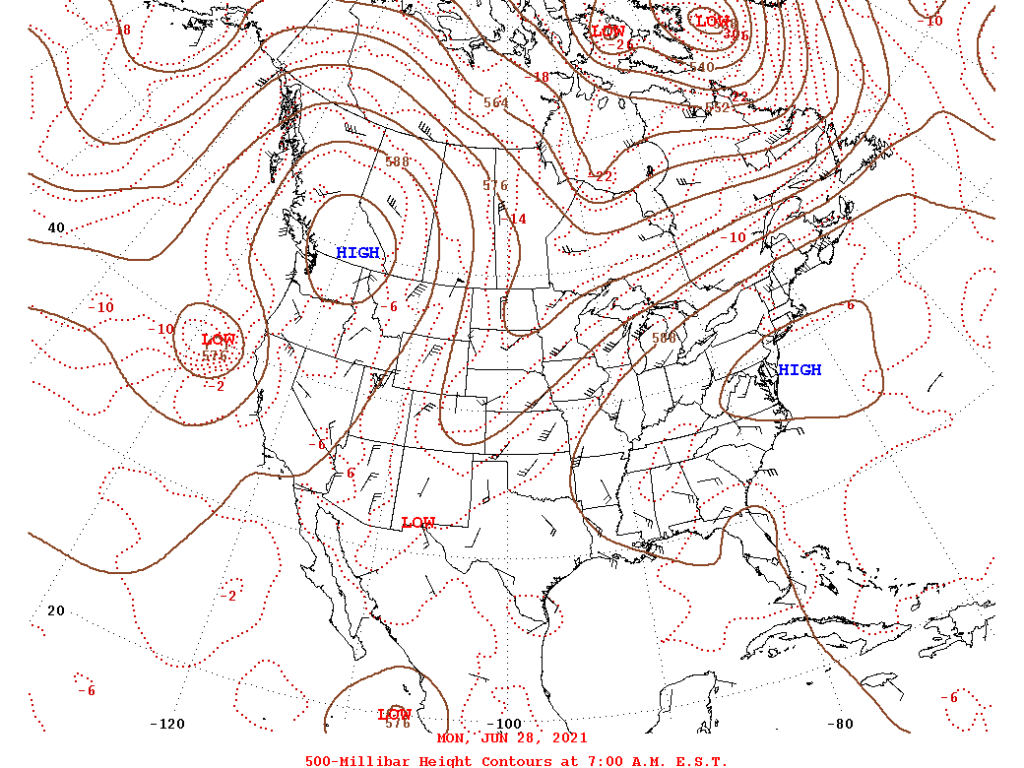 A 500-mb map showing areas of upper-level high and low pressure in the continental United States