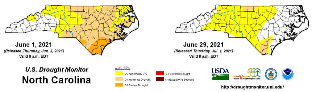 A comparison of drought maps from June 1 and June 29, 2021, in North Carolina