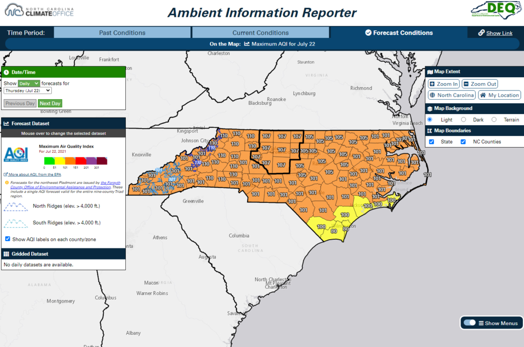 A screenshot of the AIR tool showing the daily maximum AQI forecast for July 22, 2021