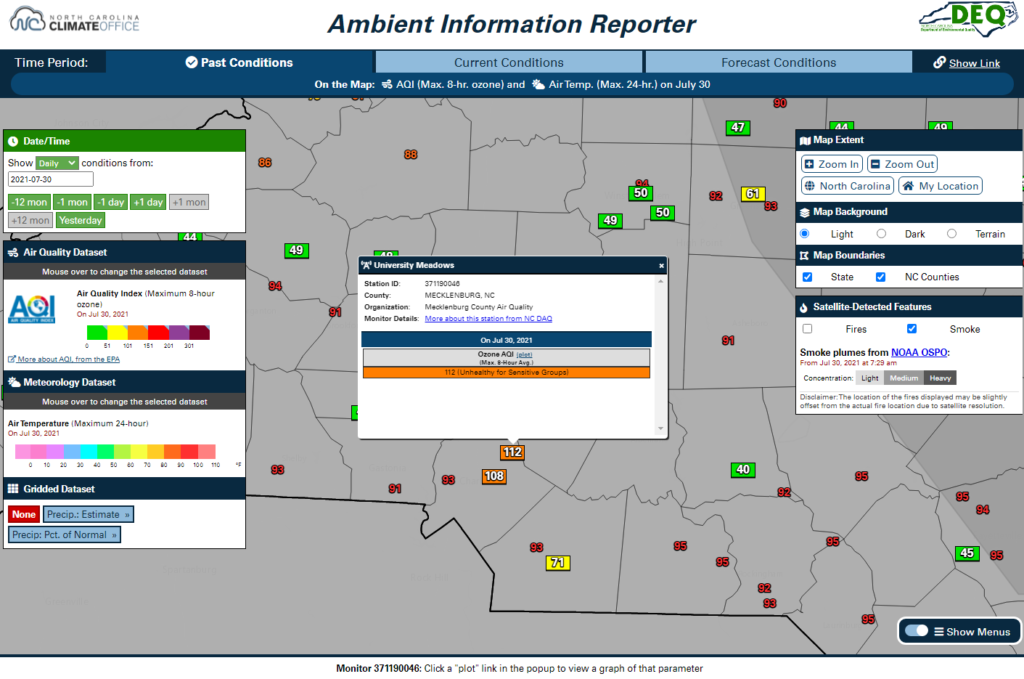 A screenshot of the AIR tool showing the Air Quality Index based on maximum 8-hour ozone concentrations, the daily maximum air temperature, and the satellite-derived smoke analysis for July 30, 2021