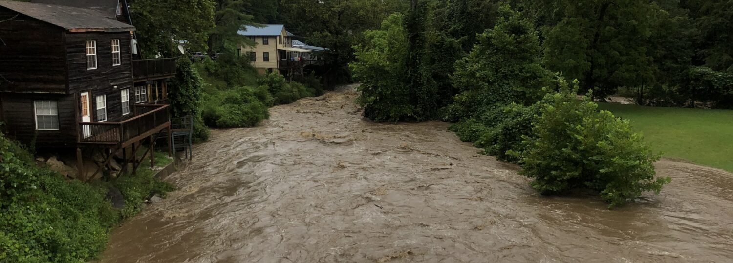 A photo of the swollen Broad River in Bat Cave, NC