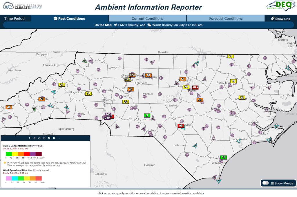 A screenshot of the AIR tool showing hourly PM2.5 concentrations and winds at 1 am on July 5, 2021