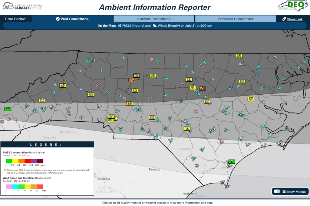 A screenshot of the AIR tool showing hourly PM2.5 concentrations, winds, and a satellite-derived smoke analysis at 3 pm on July 21, 2021