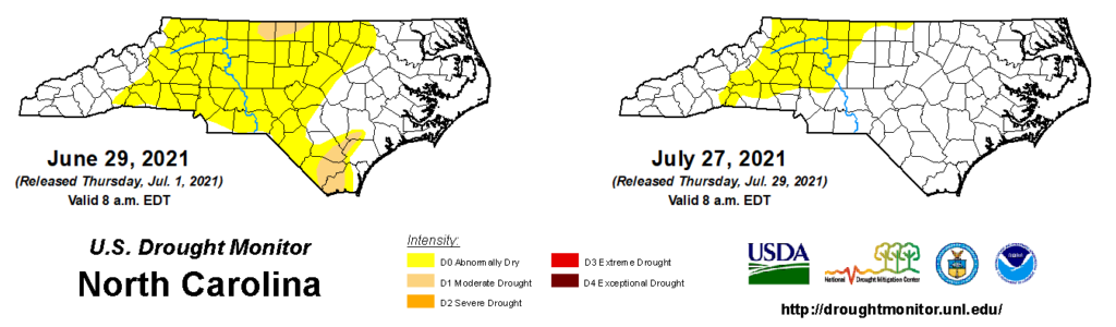 A comparison of drought maps from June 29 and July 27, 2021, in North Carolina