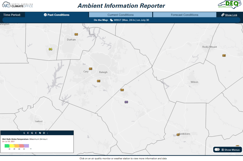 A screenshot of the AIR tool showing daily maximum wet bulb globe temperature values on July 30, 2021