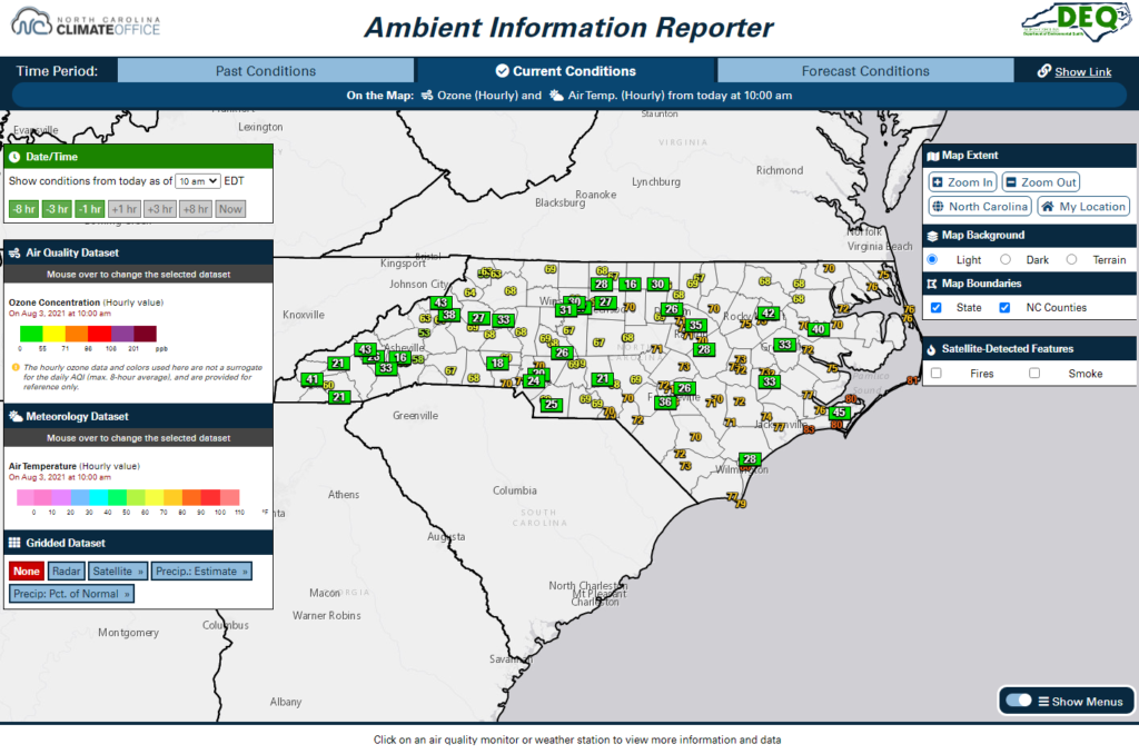 A screenshot of the AIR tool showing ozone concentration and air temperature observations