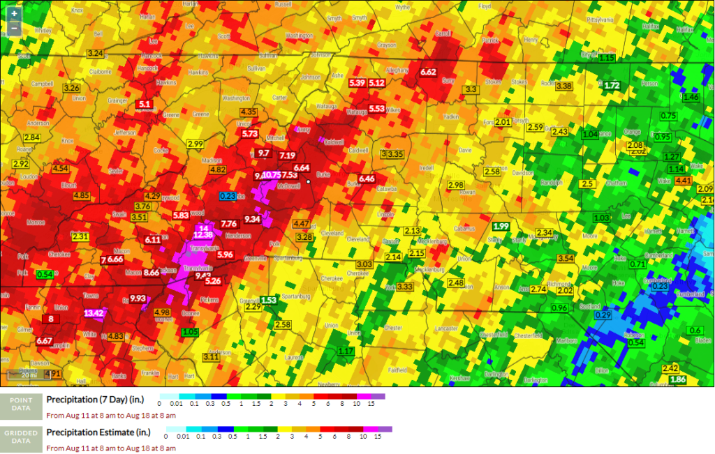 A map of precipitation totals in western North Carolina from August 11 to 18 at 8 am