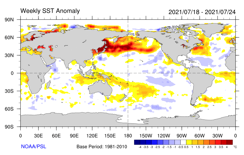 Global sea surface temperature anomalies showing below-normal temperatures in the central Atlantic Ocean