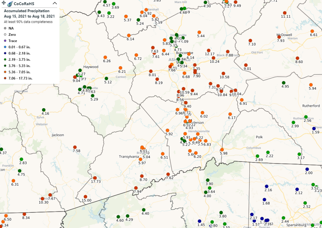 A map of CoCoRaHS observations from western North Carolina on August 15-18, 2021