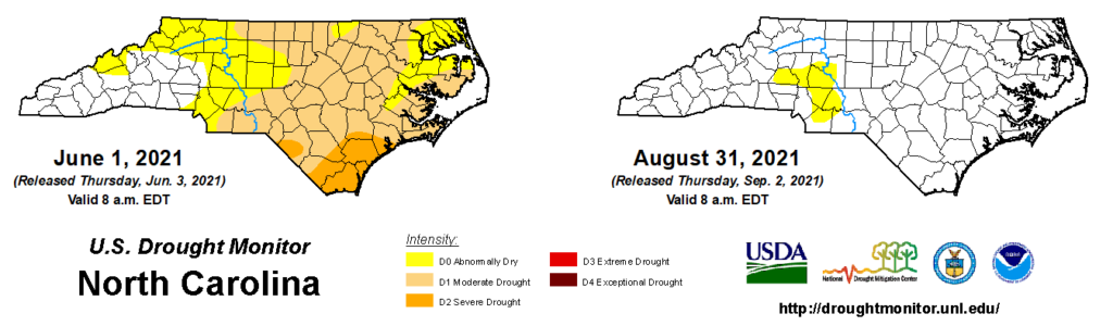 A comparison of drought maps from June 1 and August 31, 2021, in North Carolina