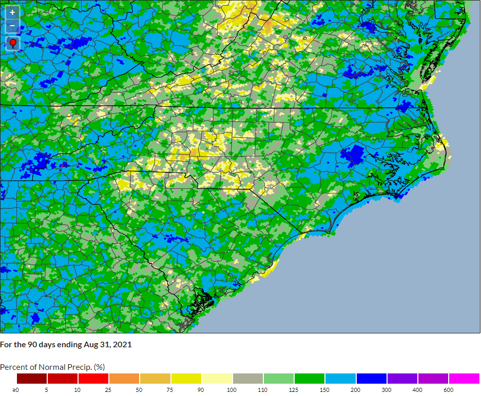 A map of percent of normal precipitation for the 90 days ending on August 31, 2021