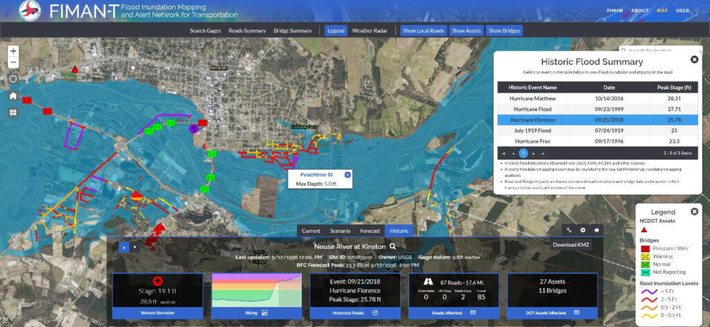 A screenshot of the FIMAN-T tool showing the extent of flooding along the Neuse River in Kinston