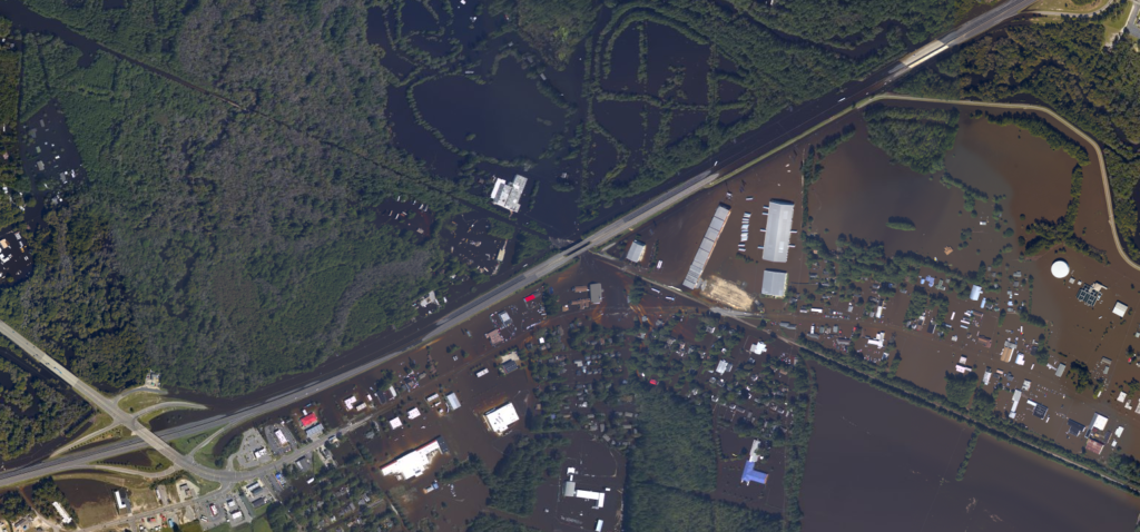 An aerial photo of flooding along Interstate 95 in Lumberton