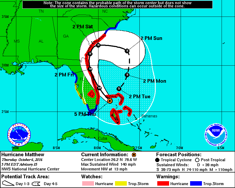 The National Hurricane Center track forecast for Hurricane Matthew issues on October 6, 2016, at 5 pm