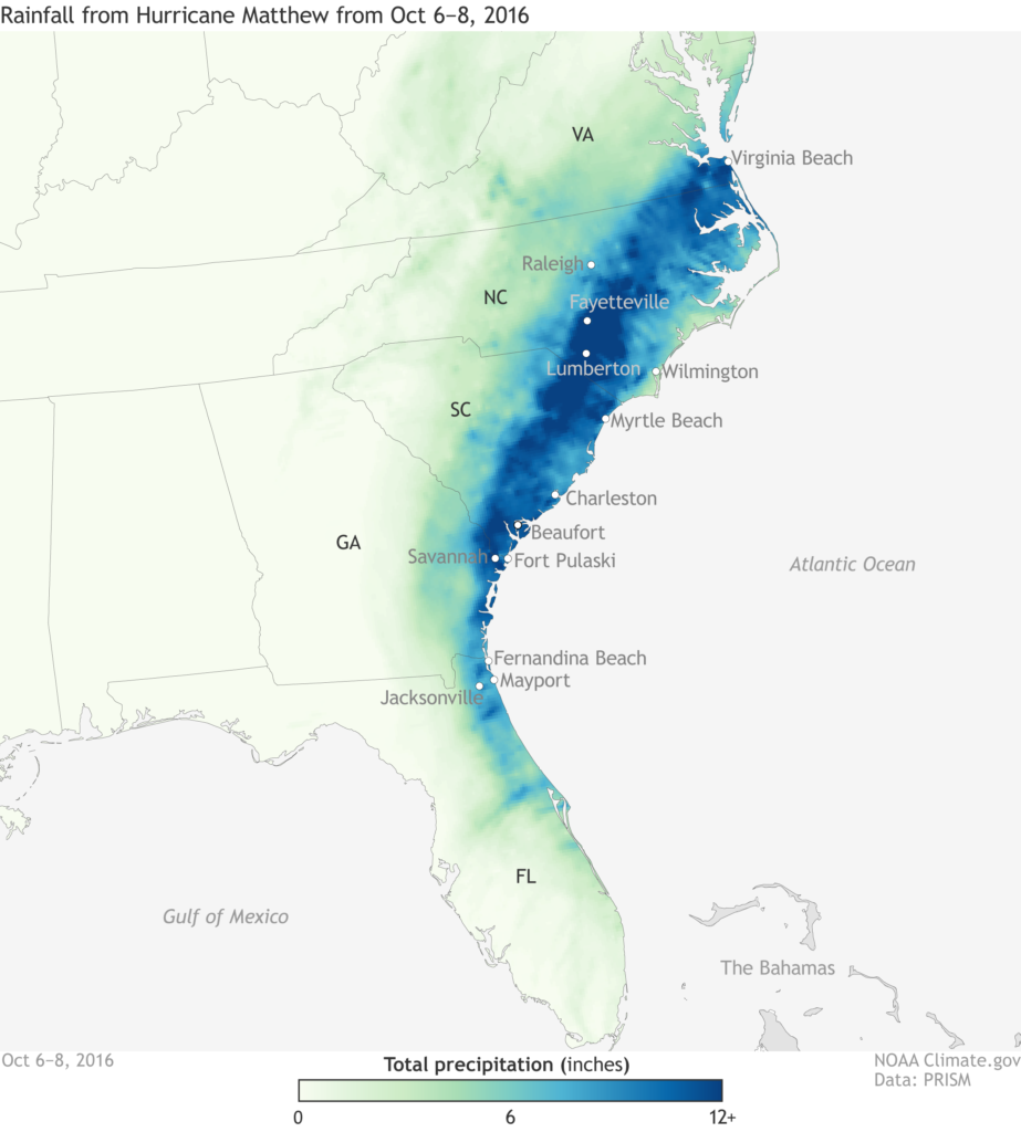 A map of precipitation totals from Hurricane Matthew in the Southeast US